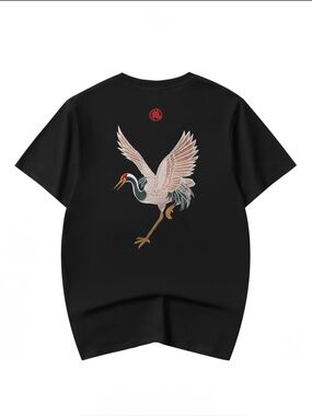 Niepce Black Crane Embroidered Bird T-Shirt (KH858)